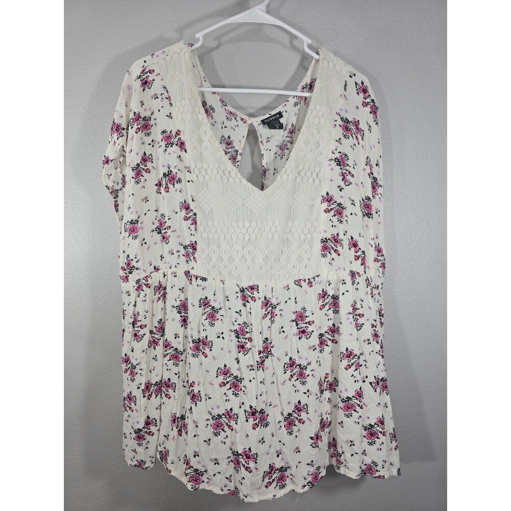 Torrid Floral Print Gauze Lace Inset V-Neck Top Crochet Size 3 3x cottagecore BD